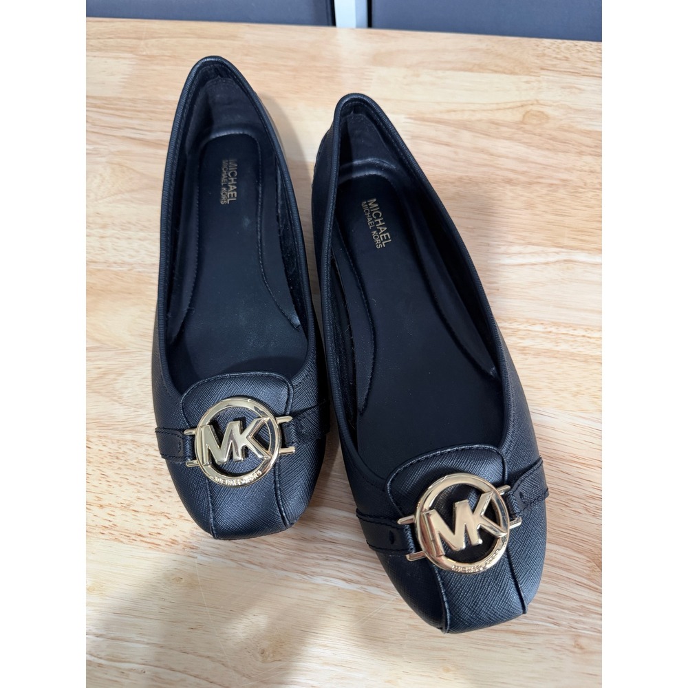 Michael Kors Lillie Moc Black Saffiano Leather Gold Logo Ballet Flats Loafers